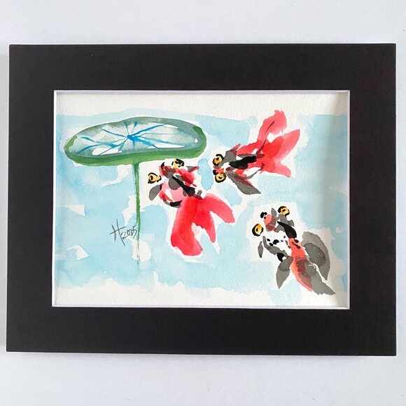 Playful Goldfish Original Watercolor Wall Art Painting 8x10in Matted Frame Ready - Picture 2 of 6